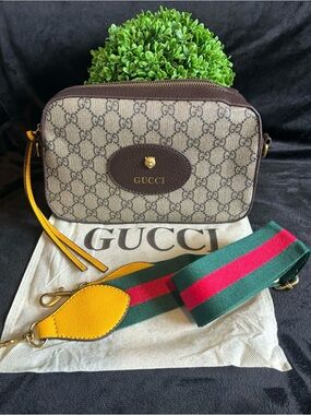 Beige GG Supreme Crossbody Bag with Brown Leather and Yellow Accent